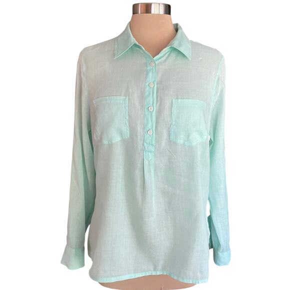 Boden Mint Green Quarter Button Popover Shirt Roll Tab Sleeves Size 12 (FLAW) - Picture 1 of 7